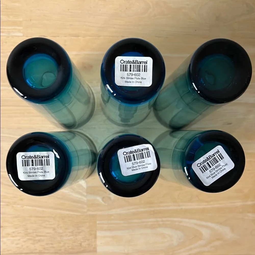 Crate & Barrel Set of Six Blue Stemless Flute Glasses